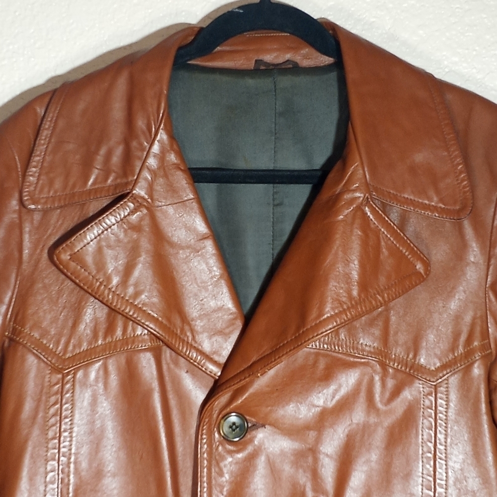 Vintage Leather 70s William Barry Wide Lapel Western Yoke Funky Retro Jacket M - Picture 2 of 12